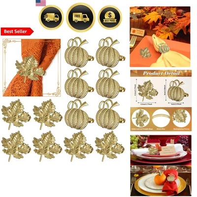 Set 12 Anelli Tovagliolo Autunno Ringraziamento Decorazione Tavola Foglia Zucca Metallo Oro - Immagine 1 di 4
