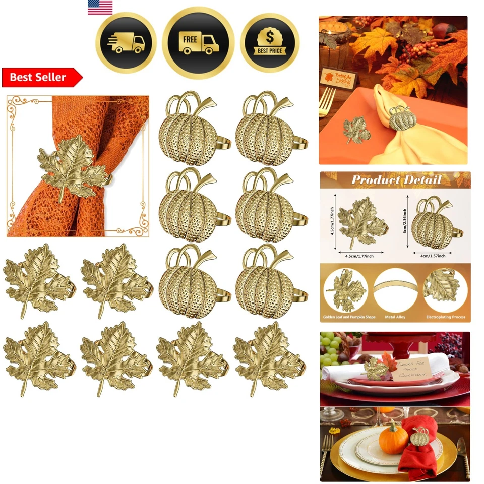 Set 12 Anelli Tovagliolo Autunno Ringraziamento Decorazione Tavola Foglia Zucca Metallo Oro - Immagine 1 di 4
