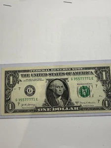 One Dollar Bill With Fancy Serial Numbers, G 35577771 E, Lot B 1014 - Picture 1 of 4