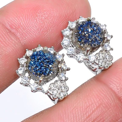 Blue Titanium Drusy & Cubic Zirconia 925 Sterling Silver Earring 0.60" T91 - Image 1 of 3