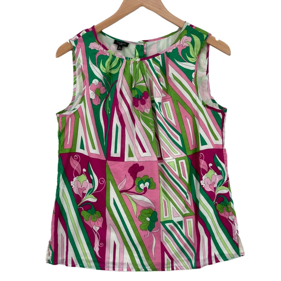Talbots Tank Top Womens Petite 10P Multicolor Geo Print 100% Cotton Button Back - Image 1 of 4