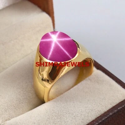 Lab Created Linde Star Ruby With 18K Gold Plated Silver Men's Ring #1077 - image 1 of 4