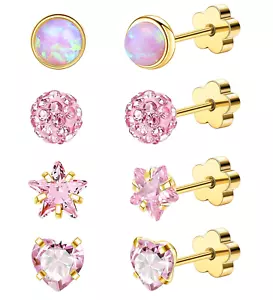 4Pairs Hypoallergenic Flat Back Earrings for Women 14K Gold Cartilage Earring - Picture 1 of 12
