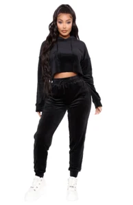 Women's Black Hoodie Velour Jogger Set - Picture 1 of 2