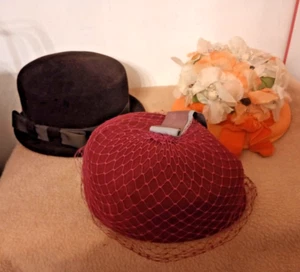3 Vintage Pillbox Hats~Felt/Flowers/ Satin Ribbon Bow - Picture 1 of 4