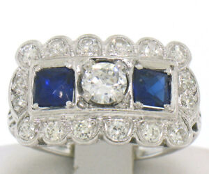 Antique Art Deco Etched Platinum 1.0ctw European Cut Diamond & Syn Sapphire Ring