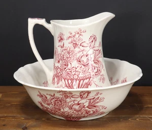 Wash Basin + Jug or Pitcher ALFRED MEAKIN Floral Bounty Red Staffordshire MINT - Bild 1 von 13