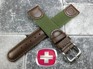 Brown Leather Nylon Strap Army Green watch Band 20mm 19mm 18mm x1 Wenger Swiss - Picture 1 of 6