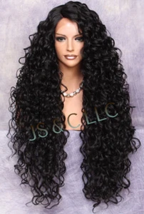 Human Hair Blend Full Lace Front Wig Long Curly Heat ok Darkest Brown 2 ROM - Picture 1 of 10