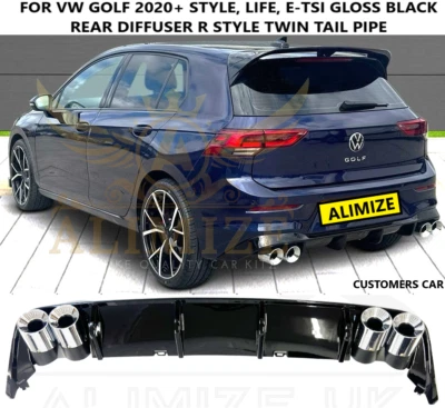 ALIMIZE For VW GOLF MK8 20+ STYLE LIFE E-TSI REAR BUMPER LIP DIFFUSER GLOSS BLACK R LOOK