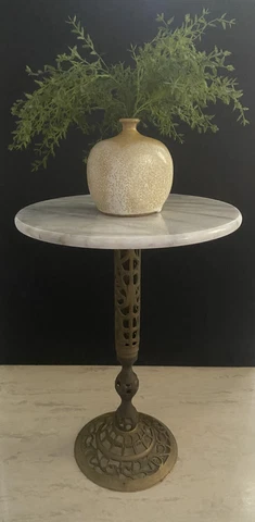 Vintage Marble Pierced Brass Plant Stand Table Hollywood Regency Round 12" Top Cover