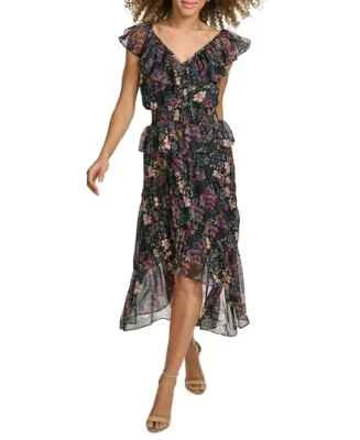 Vestido midi de gasa con volantes cuello en V Kensie para mujer 6 negro cierre de cremallera múltiple en la espalda Foto 1 de 4