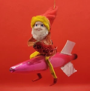Vintage 1960s Elf on Rocket Christmas Ornament Mercury Glass Pink Atomic MCM - Picture 1 of 13