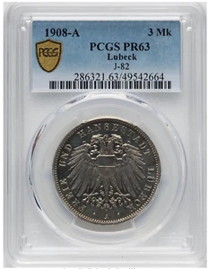 Deutschland Lübeck 3 Mark 1908 A PCGS PR63 PP Silbermünze - Bild 1 von 4