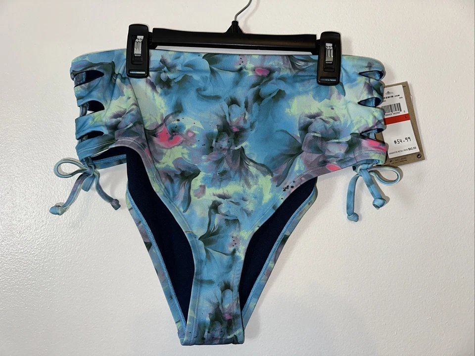 Nike Swim Women Aqua Floral Lace Up Bikini Bottom Size Small with Tags