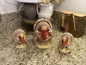 Vtg Ceramic Turkey Gravy Boat 3 Pc Set Thanksgiving - Picture 1 of 6