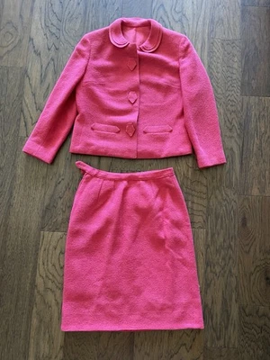 Vintage Pink Wool Skirt Suit Medium Peter Pan Collar Midcentury MCM Blazer Set - Image 1 of 4