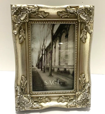 Sage Ornate Silver Tone Finish Distressed Picture Frame 4x6 Baroque VTG Style - Image 1 of 4