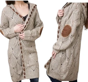 POL Cardigan Sweater M Beige Faux Suede Cable Hood Duster Long Boho Western` - Picture 1 of 17