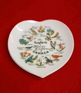 Plato de baratija canadiense pájaros cantores y flores recuerdo vintage corazón Japón 4,5" - Imagen 1 de 5