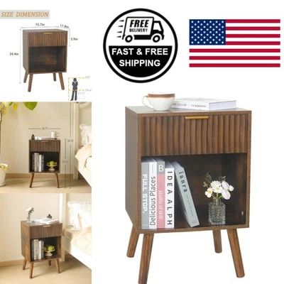Mesita de noche estriada con patas de madera maciza amplio almacenamiento para dormitorio sala de estar Foto 1 de 4