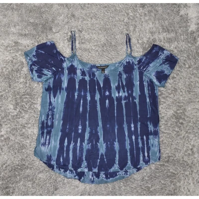 Rock & Republic Women's Size L Blouse Top Short Sleeve Blue Striped Rayon Crew N - Image 1 of 4