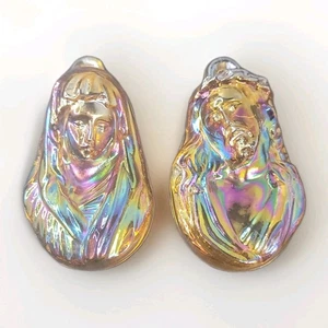 Vintage Marigold Amber Carnival Glass Mary & Jesus Wall Plaques Religious Decor - Picture 1 of 4