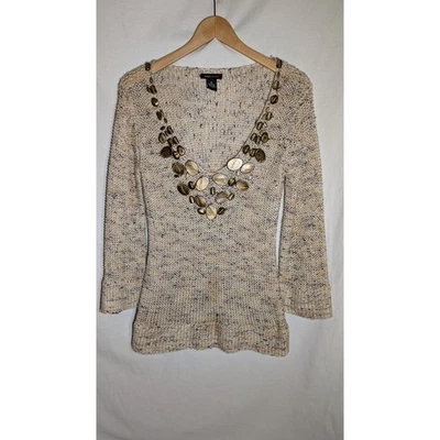 Suéter BCBG MAXAZRIA Mujer Beige Cuello en V Profundo Talla M Mármol Cuentas Piedras Artístico Foto 1 de 4