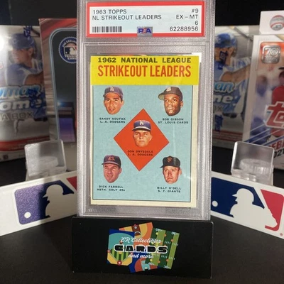 1963 Topps Baseball NL Strikeout Ldrs KOUFAX / GIBSON / DRYSDALE #9 PSA 6 EX-MT - Image 1 of 4