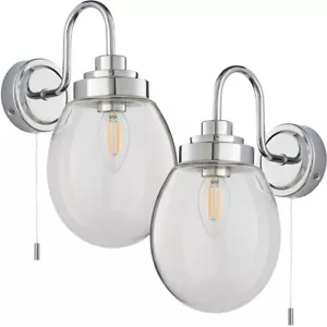 2 PACK IP44 Bathroom Wall Light Chrome & Round Clear Glass Curved Arm Oval Lamp - Picture 1 of 5