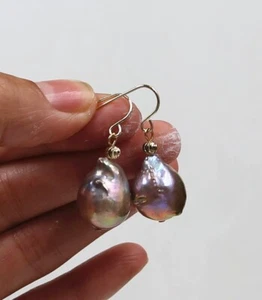 Natural Cultured Baroque Pearl Earrings 18K Gold Ear Drop Dangle P355 - Picture 1 of 6