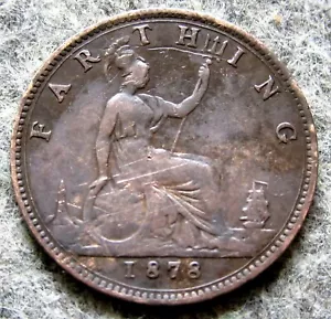 GREAT BRITAIN QUEEN VICTORIA 1878 FARTHING SEATED BRITANNIA, BRONZE - Picture 1 of 6