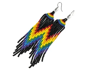 Pride Rainbow Lesbian Earrings American Indian Jewelry Long Tribal Fringe 5 inch - Picture 1 of 6