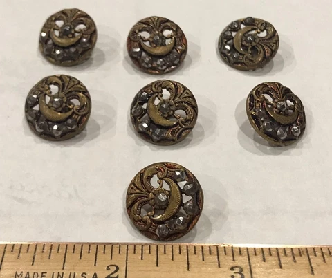 Cut Steel Vintage 7 Matching Shank Buttons 11/16" Gold Victorian Re-Enactments Cover