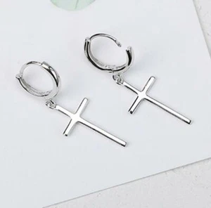 Unisex Woman Man Faith Cross Silver Circle Hoop Tiny Ring Clip Drop Earrings - Picture 1 of 1