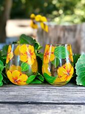 Lolita Tropical Wine Hibiscus Hand Painted Stemless Wine Glass Yellow