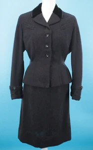 VTG Women's 50s 2 Pc Black & Red Thread Wool Dress Suit S/M 1950s Jacket & Skirt - Picture 1 of 22