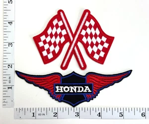Embroidered 2-Patch Set - Motorcycle Racing - Iron-on - Checkered Flag - Honda - Picture 1 of 1