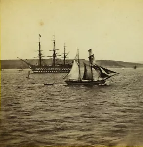 Scotland Firth of Forth HMS Royal Albert & Sailboat Old Stereoview photo 1860's - Bild 1 von 3