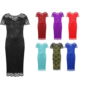 Damen-Midi-Kleid mit Spitze gefüttert kurzärmelig Bodycon - Bild 1 von 28