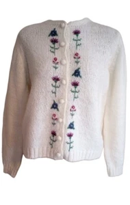 SUSAN BRISTOL Hand Embroidered Cardigan Sweater Size L Cream Flowers Acrylic EUC - Picture 1 of 7