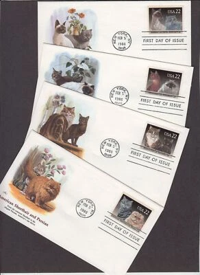 1988 CATS 8 different breeds Maine Coon Siamese Sc 2372-2375 FDCs Fleetwood - Image 1 of 3