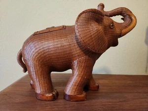 Elephant Shanghai Handicrafts Collection Hand Woven Wicker & Wood Elephant Box - Picture 1 of 9