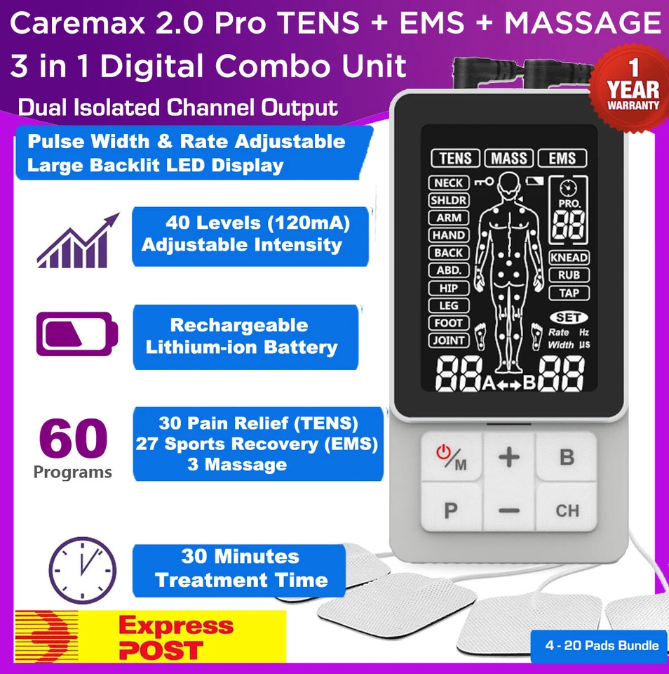 Dual Channel TENS Machine Unit Pain Relief Massager 130mA Power Extra Large LCD