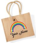 Personalised Name Rainbow Jute Shopping Bag Grocery Carrier Gift Ladies Handbag