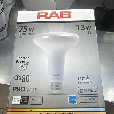 RAB R40 LED BULB 2700K  13 WATT DIMMABLE      75 WATT REPLACMENT br40 950 lumens - Image 1 of 4