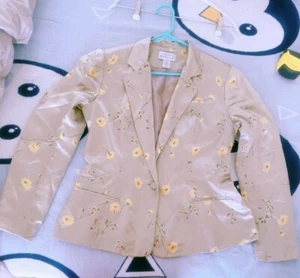 Vintage ADRIANA PAPELL 100% Silk shimmer beige floral print jacket Blazer Size 8 - Picture 1 of 8
