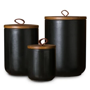 Black Ceramic Canister Set with Wooden Lid, 3-Piece Airtight Food Storage Jar... - Picture 1 of 7