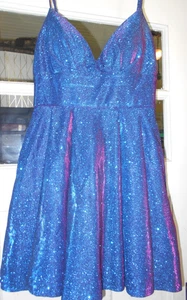 B DARLIN JUNIORS 7 8 GLITTER MESH INSET SHORT PARTY DRESS sHIMMER BLUE PURPLE - Picture 1 of 7