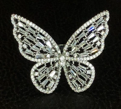 CZ Simulated Diamond Butterfly Statement Ring Silver Tone Rhodium Sz 6.2 6g 4208 - Image 1 of 4
